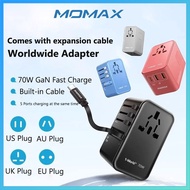 MOMAX 1-World+ 3-Port Travel GaN Charger With Built-in USB-C Cable 70W Universal Travel Power Plug A