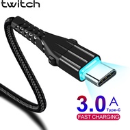 Twitch Type C Cable 3A Durable Nylon Braid Fiber Fast Charge Type C USB Mobile Phone Charging Wire LED Indicator Light Type C Device Cable Cord For Samsung Huawei 0.15m/0.5m/1m/2m