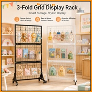 Foldable Mobile Grid Display Rack Pegboard Rack With Wheels Metal Mesh Stand For Snacks Tools Bags C
