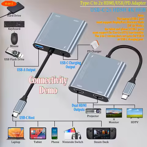 4 in 1 Type C Hub 4K Dual HDMI USB 3.0 Adapter with PD 100w charging,USB C Docking Station 2x HDMI A