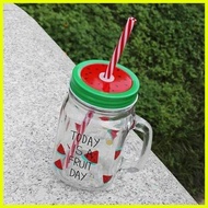 ◳ ❈ ◎ 500ml Colored Mason Jar With Reusable Straw Bottle Glass Mug Emboss Cold Drink Summer Collect