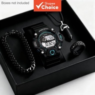 Digital watch for men and jewelry set, outdoor sports watch, with Cuban chain bracelet, pendant neck