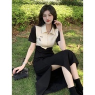 Color 2025 Thin tw Split Waist Collar New Style korea Skirt Short-Sleeved Design Version Korean Cras
