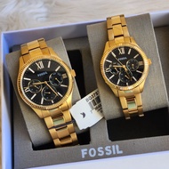 Fossil His and Her Rye Multifunction BQ3757 Gold-Tone Black Dial Stainless Steel Watch