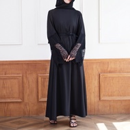 Jubah Abaya Ironless Fashion Elegant Kaftan Lace Long sleeved Waistband Muslimah Dress