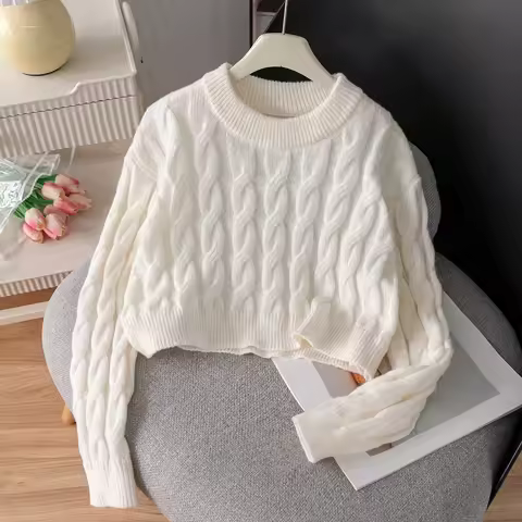 Girls' Euro American style solid color Fried Dough Twists short sweater knitted pullover suitable fo