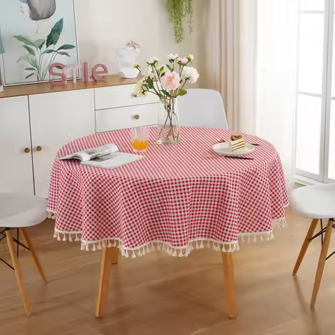 TABLECLOTH AROUND-Cotton Linen Tassel Tablecloth, Plaid Round Tablecloth, Red Striped Lattice Table 