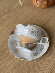 日本昭和高足貝殼釉咖啡杯復古宮廷風 陶瓷茶杯連碟  瓷器 珍藏  古董