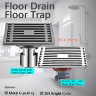 Floor Drain Floor Trap 15X15cm Anti Odro Anti Insect 304 Stainless Steel Gray Bright WC Bathroom