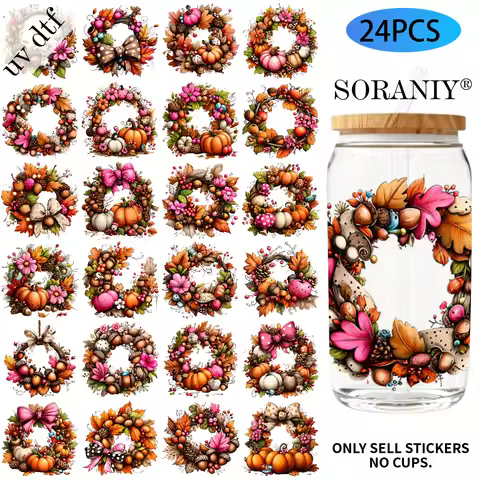 24PCS/Set Watercolor Autumn Wreath Themed UV DTF DIY 16OZ Transfer Stickers Water Bottles Glass Bott
