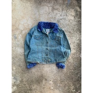 Vintage St. John Jeans Jacket Rare Y2K John's Bay Denim Blue Fuzzy Collar [1-73st.john]