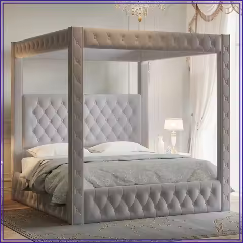 Velvet Canopy Bed Frame King Upholstered Headboard USB Charging Tall 74.8" Four Poster No Box Spring