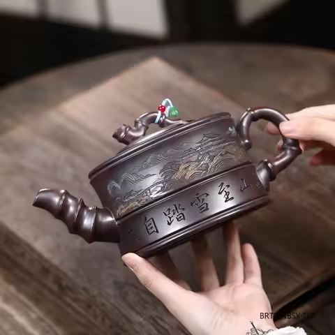 Chinese Tradition Yixing Purple Clay Teapot Handmade Mountain Pattern Tea Pot Large Capacity Kettle 