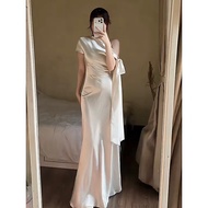 (UnihomePREMIUM) Off-the-Shoulder Silk Dress with Long Hem for Party Wear (BigSize Available) CV470