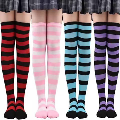 Womens Striped Thigh High Stockings Ladies Girls Black White pink Long Over Above Knee Socks femboy 