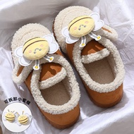 Cute Bee Cotton Slippers Women's Winter Wear Bag Heel Fleece-lined Warm Interior Home Cartoon Velvet Cotton Shoes