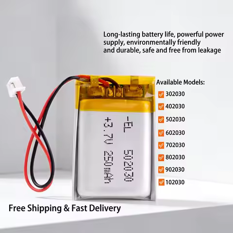 JST 1.25mm 2-Pin 3.7V Li-Polymer Battery 502030 402030 602030 802030 102030 250mAh Lipo Rechargeable