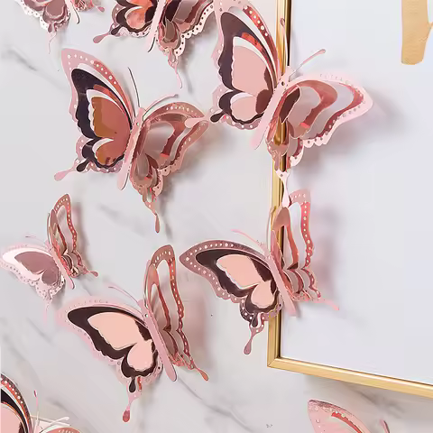 New Hollow 3D Butterfly Wall Stickers 3 Layers Gold RoseGold Decorative Butterflies for Wedding Birt