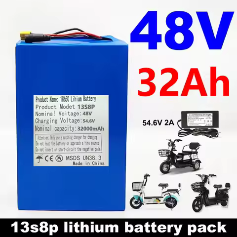 48V 32ah 32000mAh 13s8p Large Capacity Lithium Battery Suitable for 48V 1000W - Built-in BMS 54.6 2A