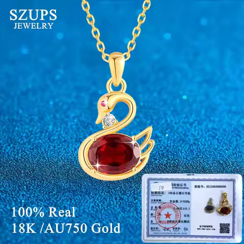 Exquisite 18K Natural Garnet Crystal Swan Pendant Necklace for Women AU750 Solitaire Choker Red Coru