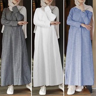 Baju Raya 2022 Muslimah Robe Women Plus Size Fashion Long Sleeve Striped Cotton Linen Dress Abaya Baju Kurung Moden