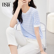 OSA ชุดเดรสถักผ้าไหมน้ําแข็งระบายอากาศแขนสั้นเสื้อผ้าทํางานฤดูร้อนสําหรับผู้หญิงที่มีลายเสื้อสวมหัวค