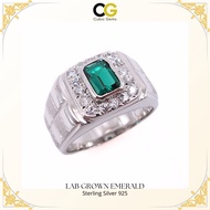 CG Lab Grown Emerald Sterling Silver 925 Men's Ring Emerald Cut with Swiss Gems