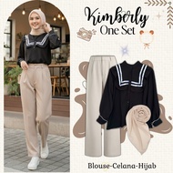 OOTD Hijab Hangout 3in1 Trendy (Blouse, Pants IVORY, Bella Square) One Set CasualWanita - KA42