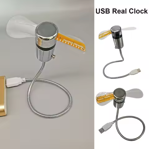 LED Clock Fan Time Temperature Display Mini Cooling Flashing Fan USB Powered Flexible Gooseneck LED 