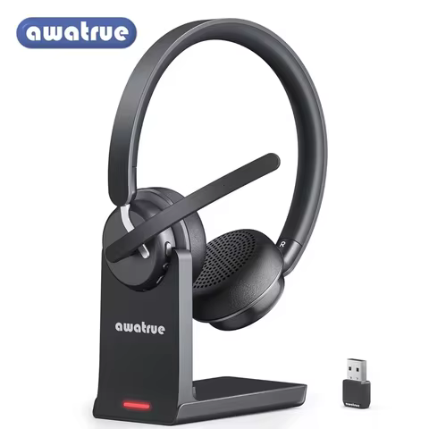 AWATRUE EH11 Wireless Bluetooth Headset with AI Noise Cancelling Mic & Charging Base 2.4GHz Wireless