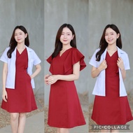 CARA IRIS dress (Red wine) เดรสแขนปาดคลุมไหล่ กระเป๋าสองข้าง