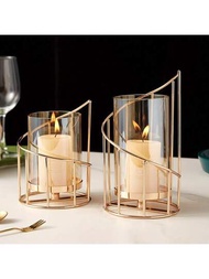 1只金屬線蠟燭台,玻璃支柱蠟燭台,金色裝飾性茶燭台,家居桌面裝飾中心(螺旋式)