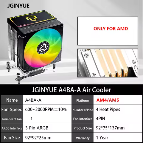 JGINYUE A4BA-A 4 Heat-Pipe CPU Air Cooler TDP 150W CPU for AMD Motherboard AM4/AM5
