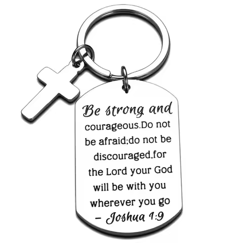 Christian Gifts Inspirational Bible Verse Keychain Be Strong Courageous Cross Charm Religious Jewelr