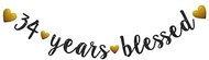 34 Years Blessed Banner, Pre-Strung, Black Glitter Paper Banner for 34th Birthday Party 34th Wedding