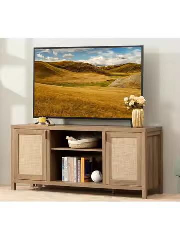 TV Stand for Living Room : Rattan TV Console Cabinet with Storage and Shelf, Boho Entertainment Cent