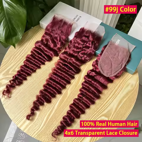 #99J Color Deep Wave 4x6 Transparent Lace Closure 100% Human Hair Melt Skin Pre Plucked Invisible La