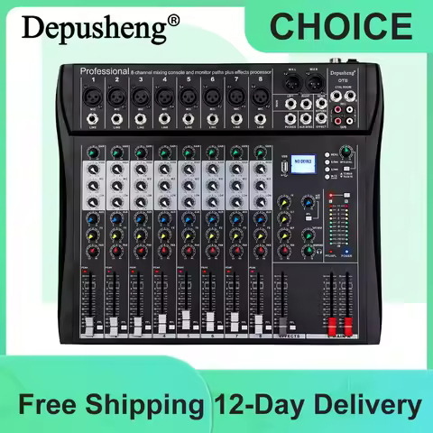 Professional Audio Sound Mixer Depusheng DT8 Channel Bluetooth USB 48V Phantom Mixing Console for PC