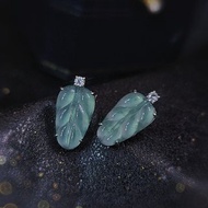 |一夜暴富|A貨翡翠冰玻藍起螢光大葉子15.7mm純銀鍍18k極簡耳環