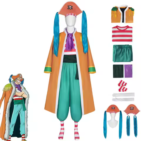 Hot Anime Pirate Buggy Cosplay Costume Fur Trim Long Coat Striped Top Harem Pants Pirate Hat Full Se