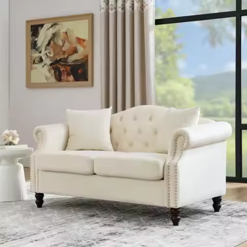 57 Chesterfield Sofa Grey Velvet for Living Room 2 Seater Sofa Tufted Couch with Rolled Arms and Nai