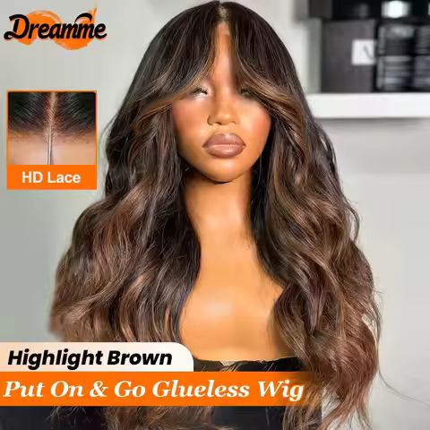 Wear And Go Glueless Wig Highlight Brown Body Wave 7x5 Lace Closure Human Hair Wigs Face-framing Wav