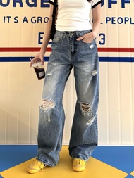 XFX American Retro Washed หลวม ขาตรง กางเกงยีนส์ ผู้หญิง Wide Leg Street กางเกงขายาว รูฉีกขาดต่ํา เอ