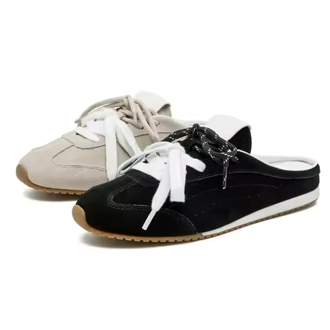 AIYUQI Women Suede Mule Sneakers Retro German Trainer Slip On Double Lace Flat Shoes Casual Backless