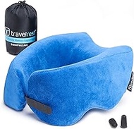 TRAVELREST Nest Memory Foam Travel Pillow/Neck Pillow - Advanced Neck Support for Long Flights - Patented Design for Optimal Relaxation - Long Travel - Unmatched Sleep - Machine Washable - Blue