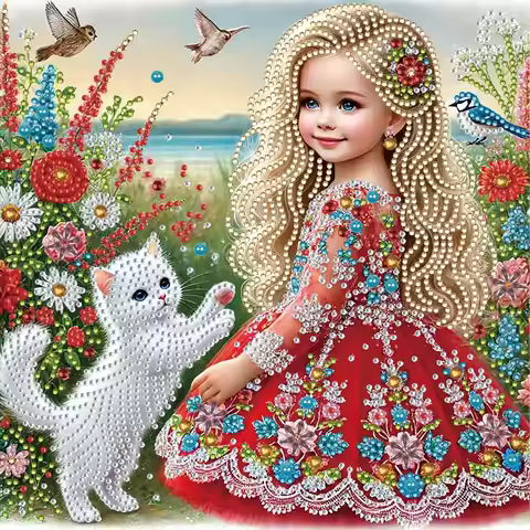 Cartoon Girl and Cat Diamond Drawing (30cm/11.8 Inches X 30cm/11.8 Inches), Irregular Diamond Sticke