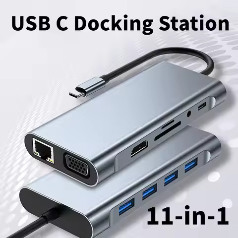USB C Docking Station with 4K UHD+VGA+PD+USB+RJ45 100Mbps Ethernet+SD/TF Card Reader+3.5Mm AUX 11in1