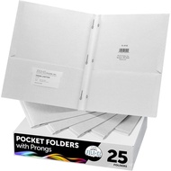 FILE-EZ Two-Pocket Folders with 3-Prong Fasteners, White Color, 25-Pack, Durable Textured Paper, Mat