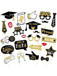 25入組黑金色畢業派對裝飾攝影棚道具diy有趣眼鏡帽子2024畢業班恭喜畢業攝影道具裝飾,大學最愛禮品用品