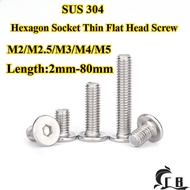 [CB-NLJLS] SUS304 Hexagon Socket Thin Flat Head Screw M2/M2.5/M3/M4/M5 Flat Head Bolt, Length 2mm-80